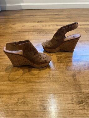 Perforated Tan Cork Wedge Sandals with Slingback